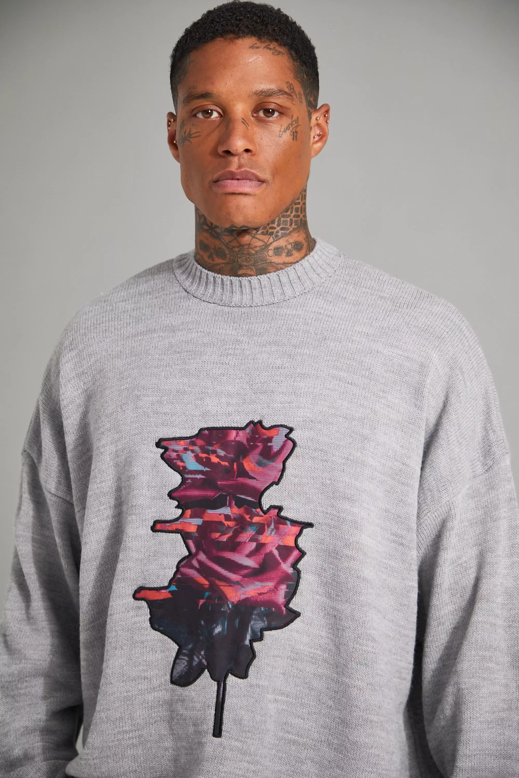 Rose Patch Knitted Sweater boohooMAN USA
